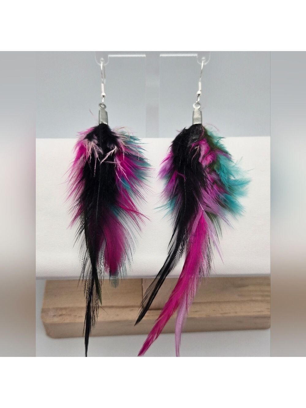 Handmade Long Multi-Color Feather Dangle Earrings Sterling Silver Hooks